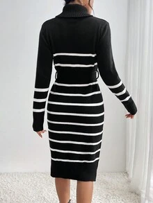 SHEIN Privé Mẫu sọc Áo cao cổ Viền chia cắt Thắt lưng Đầm Áo len - Đen và trắng - Xem 2