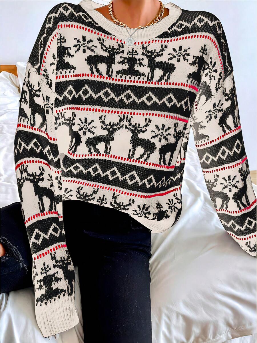 SHEIN LUNE 聖誕圖案落肩袖套頭毛衣 - 黑色 - 查看 1