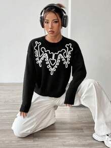 SHEIN LUNE 圖形圖案落肩袖套頭毛衣