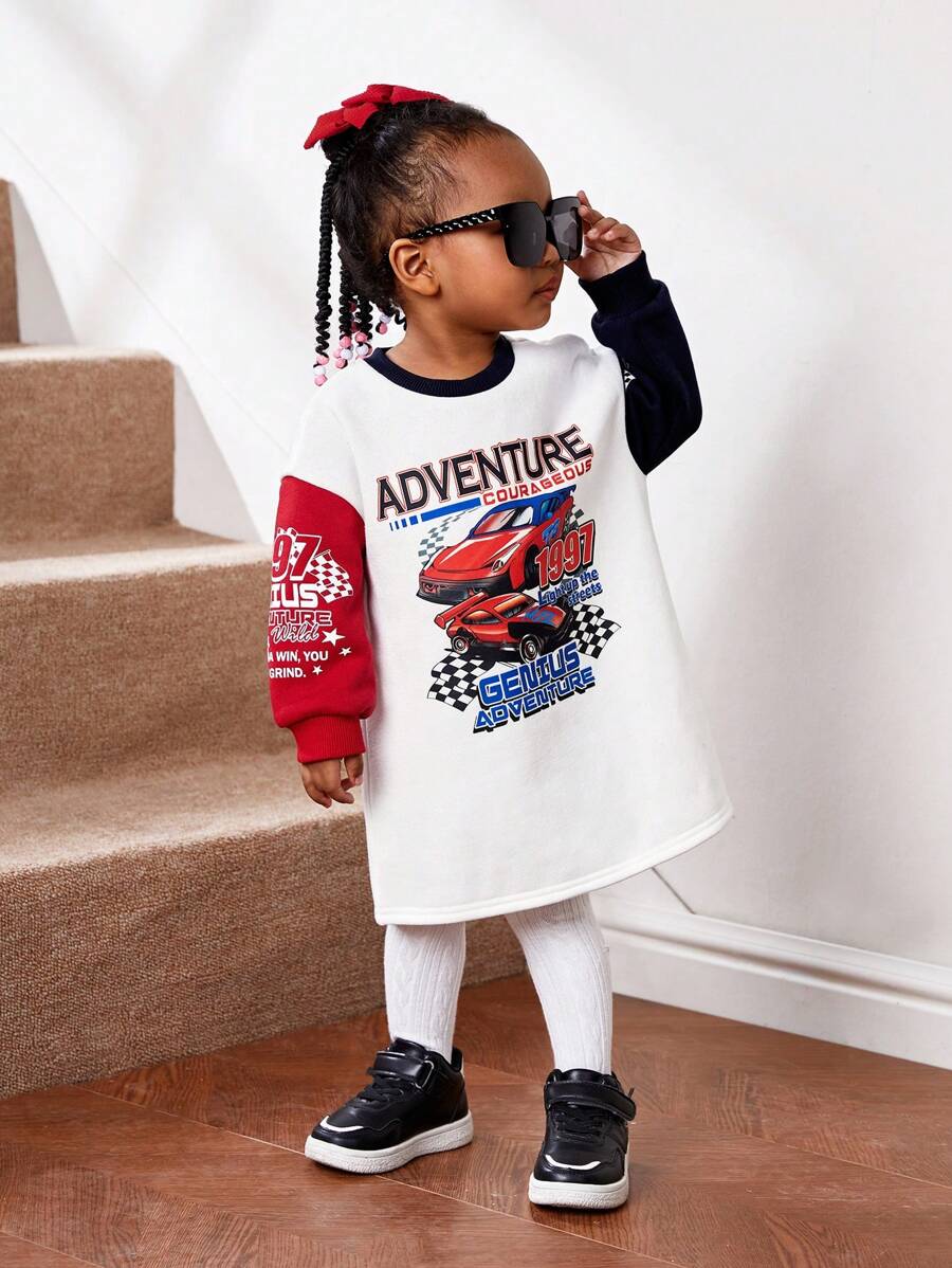 SHEIN Baby Girl Car & Letter Graphic Drop Shoulder Sweatshirt Dress