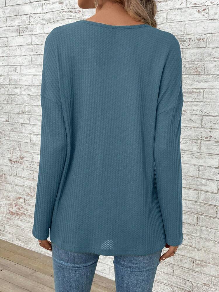 Women's Solid V-Neck Drop Shoulder Long Sleeve Loose Casual T-Shirt, Spring & Summer Tops With Sleeves Fall Women Clothes