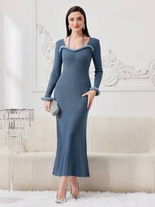 Modelyn Schlanke Damen Strickkleid Mit Flauschigem Saum - Blau - Übersicht 3