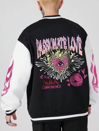 Street Life Herrenjacke Mit Farbblock, Flammen- Und Buchstaben-druck