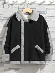 SHEIN 少年男童1件對比色飾邊泰迪貼里拉鍊連帽毛絨絨抓毛外套 - 黑色 - 查看 6