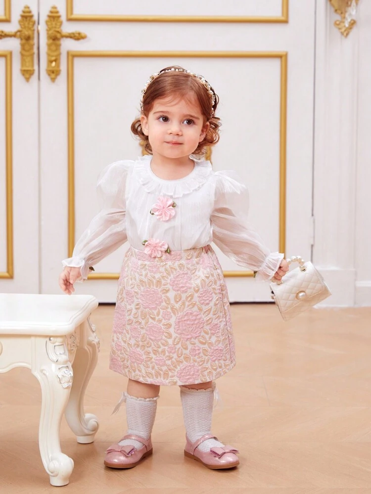 2pcs Baby Girls' 3d Floral Applique Organza Blouse And Jacquard Skirt Set