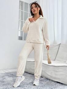 SHEIN PETITE Solid Teddy Sweatshirt & Pants - Beige - View 4