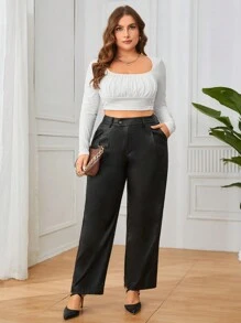 SHEIN Clasi Plus Size Plain Color High Waist Straight Leg Pants Fall Cloth For Women - Black - View 2