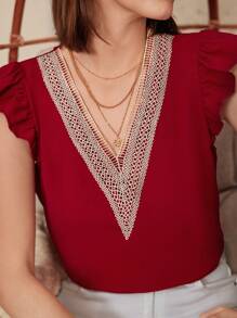 SHEIN Frenchy Guipure Lace Panel Butterfly Sleeve Blouse Summer Burgundy - Burgundy - View 6