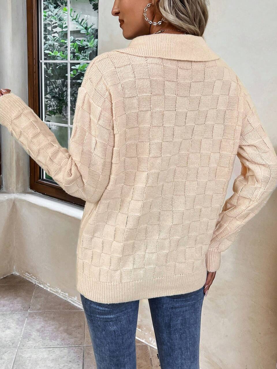 Ladies' Solid Color Front Zipper Knit Pullover Fall Winter Sweater