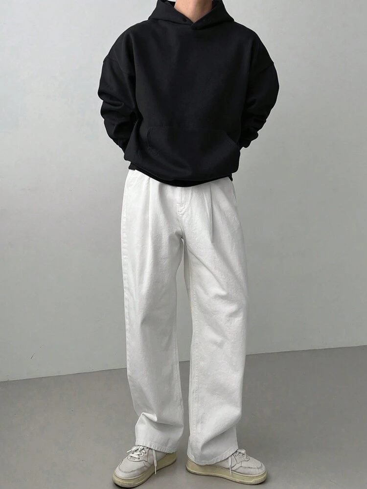 Men's Solid Color Drop Shoulder Long Sleeve Casual Pocket Hoodie, Autumn/Winter