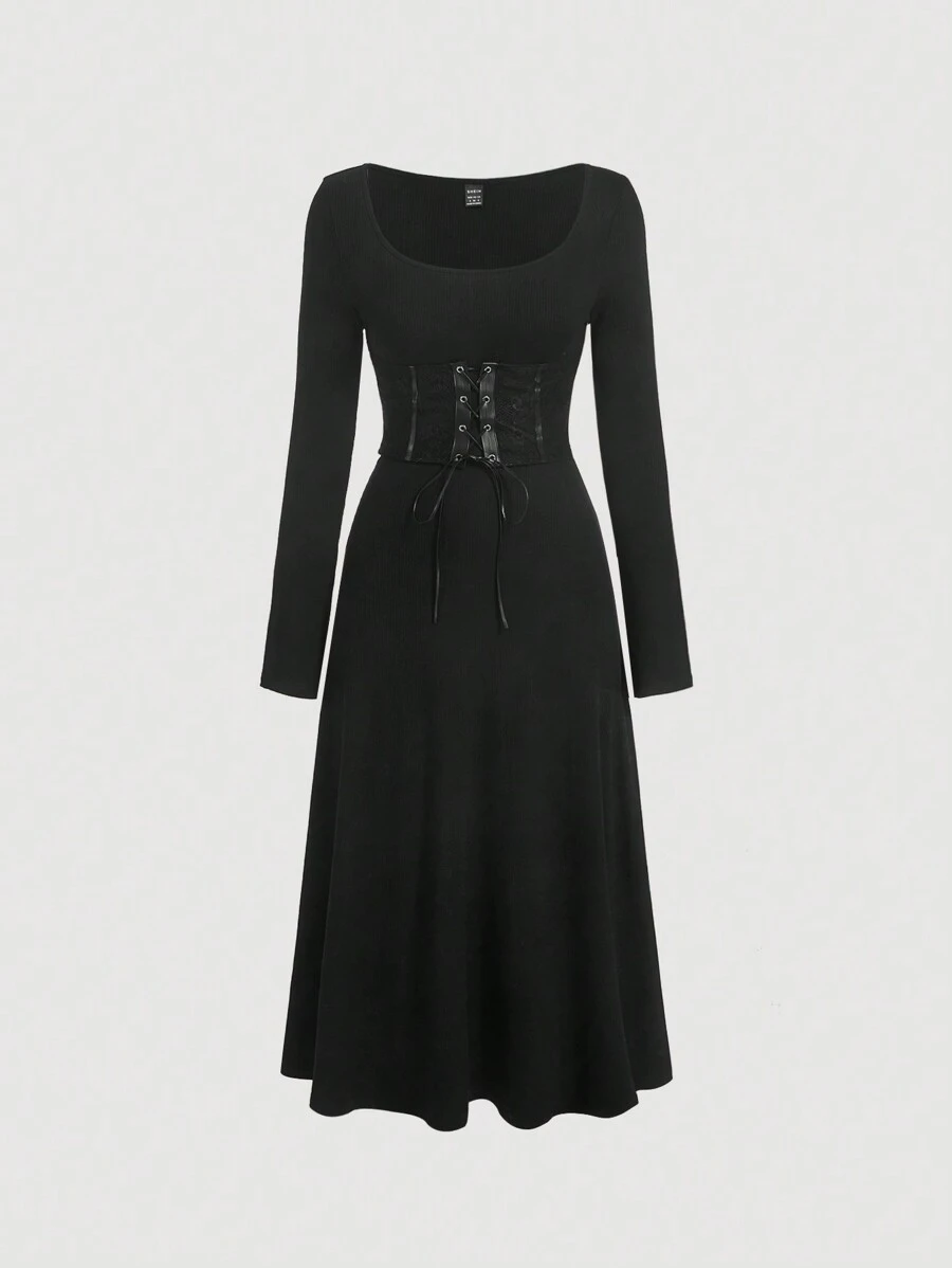 SHEIN MOD Quý cô Eo Thắt lưng Vòng cổ Đầm - màu đen - Xem 1