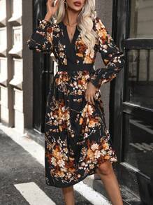 SHEIN LUNE 印花荷葉袖洋裝 - 黑色 - 查看 7