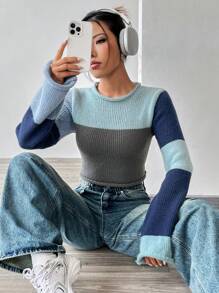 SHEIN Unity 撞色條紋針織短款毛衣 - 彩色 - 查看 5