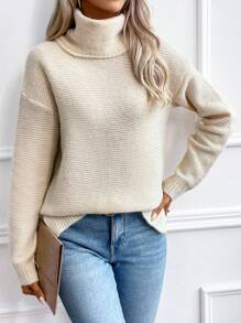 SHEIN Essnce Áo cao cổ Thả vai Áo len - Màu be - Xem 4