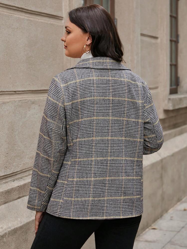 Plus Houndstooth Print Lapel Neck Overcoat Fall Cloth For Women