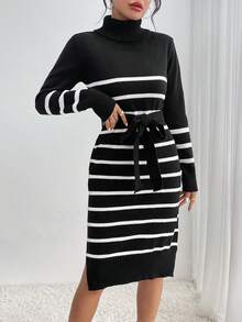 SHEIN Privé Mẫu sọc Áo cao cổ Viền chia cắt Thắt lưng Đầm Áo len - Đen và trắng - Xem 5