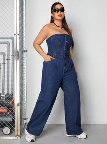 SHEIN ICON Plus Size Denim Strapless Jumpsuit - Blue - View 4