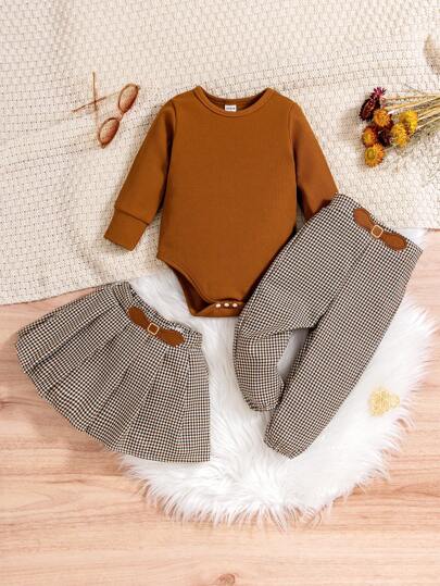 Conjunto de body sólido, pantalón a cuadros con hebilla y falda plisada para niña, para Navidad