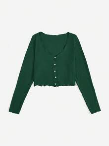 SHEIN Qutie Hơn Ren Mộc nhĩ Nút phía trước Áo thun - Màu xanh lá cây đậm - Xem 3