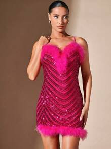 SHEIN BAE Christmas Patchwork Frayed Hem Slim Fit Bodycon Spaghetti Strap Dress - Pink - View 8