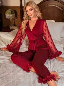 SHEIN Contrast Heart Mesh Flounce Sleeve Belted PJ Set / Pajama Set, Fall Winter Clothes - Burgundy - View 6
