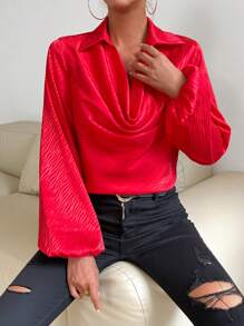 Zolique Draped Collar Lantern Sleeve Blouse - Red - View 6