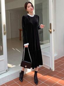 DAZY Của phụ nữ Vá lại Vòng cổ Ruffled Hem Lỏng lẻo Đầm - màu đen - Xem 4