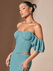 SHEIN BAE Blusa Con Volantes Y Sin Hombros Para Mujer - Verde - Ver 7