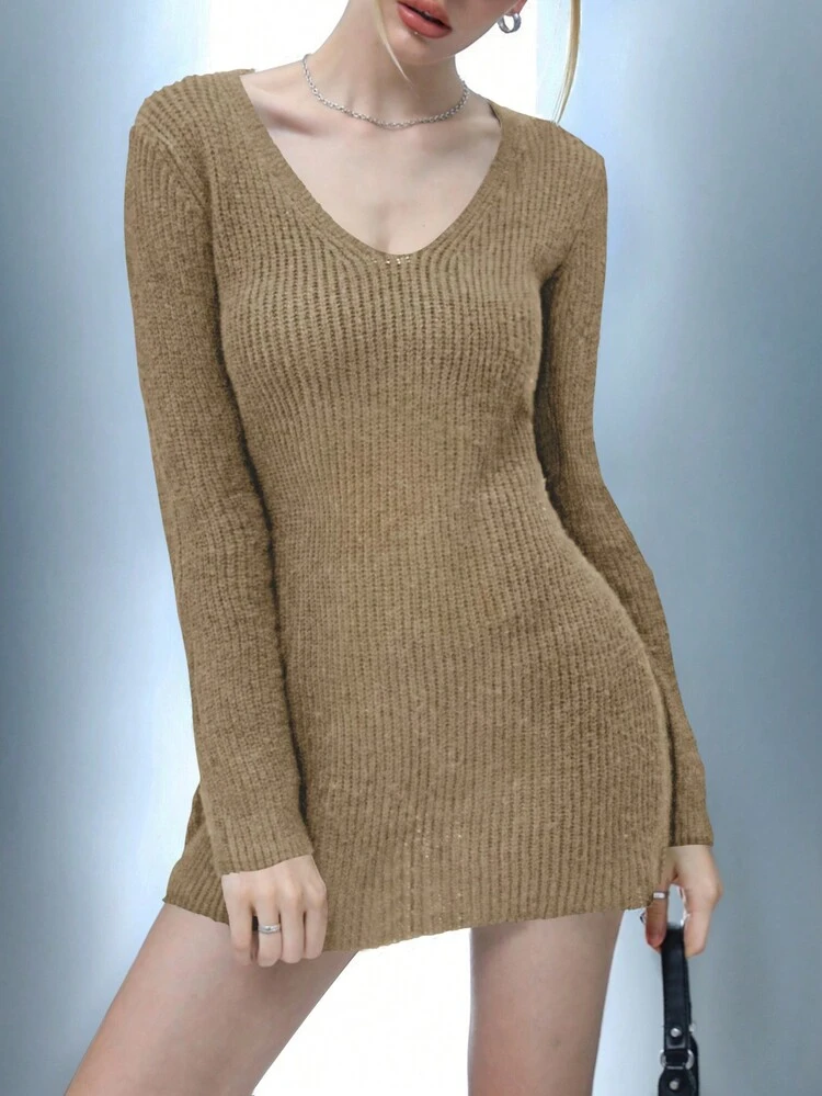 Solid Ribbed Knit Sweater Dress Fall Cloth For Women