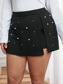 SHEIN Privé Plus Pearls Beaded Split Hem Skort - Black - View 4