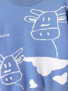 SHEIN Tween Girl Cartoon Pattern Drop Shoulder Mock Neck Sweater - Blue - View 5