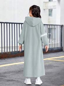 SHEIN Tween Girl Contrast Panel Drop Shoulder Hooded Sweatshirt Dress - Green - View 2