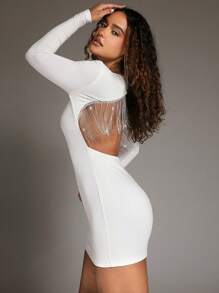 SHEIN BAE 女性性感白色圓領長袖露背緊身連衣裙