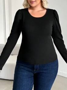 RueChic Plus Solid Puff Sleeve Tee - Black - View 5