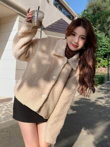DAZY Chaqueta De Peluche Sólido Con Hombros Caídos - Beis - Ver 5