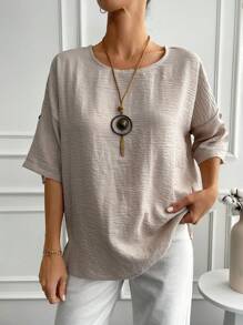 EURMUSE Solid Roll Up Sleeve Blouse - Apricot - View 1