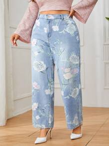 SHEIN Privé Hơn In hoa quần ống rộng Quần jean - Rửa nhẹ - Xem 5