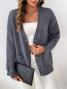 SHEIN Frenchy 落肩袖口袋貼布開襟衫 - 灰色 - 查看 6