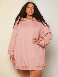 SHEIN CURVE+ 大碼字母貼布袋鼠口袋落肩袖連帽衛衣裙 - 藕粉色 - 查看 5