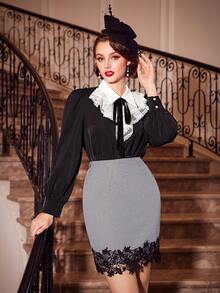 SHEIN DECDS 女千鳥格圖案拼布蕾絲半身裙 - 黑與白 - 查看 5