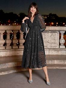 SHEIN Frenchy 燈籠袖亮片洋裝 - 灰色 - 查看 3