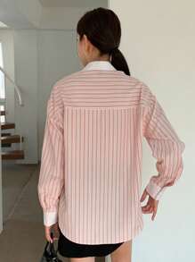 DAZY Letter Embroidered Striped Shirt - Pink - View 2