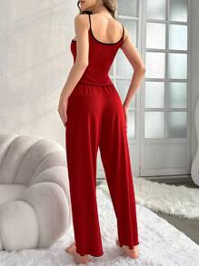 Contrast Binding Cami Top & Wide Leg Pants Lounge Set - Red - View 2