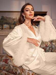 Fuzzy Trim Belted Satin Top & Pants PJ Set / Pajama Set, Fall Winter Clothes - Apricot - View 6