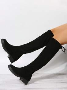 Style With White Dress Autumn And Winter European And American Slimming Boots, Women's Black Knee-High Boots, Cardigan, Sweater Boots? Suede Boots, Long Elastic Boots, Thick Heel High And Versatile Women's Shoes - Black - View 4