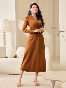 Modelyn Ladies' Solid Color V-neck Long Sleeve Sweater Dress - Mocha Brown - View 5