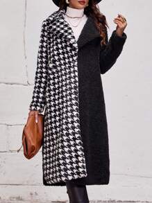 SHEIN LUNE Contrast Houndstooth Print Lapel Neck Teddy Coat Fall Cloth For Women - Black and White - View 3