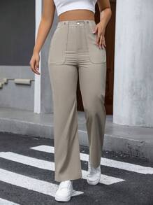 SHEIN Essnce Solid Wide Leg Pants - Khaki - View 1