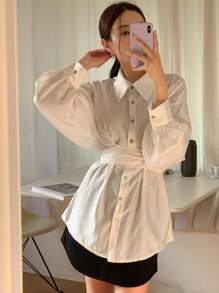 Dazy Star 女士燈籠袖腰帶襯衫 - 白色 - 查看 1