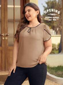 SHEIN Clasi Hơn Tương phản ràng buộc Đường viền lỗ khóa Tay áo cánh hoa Áo sơ mi - Lạc đà - Xem 3